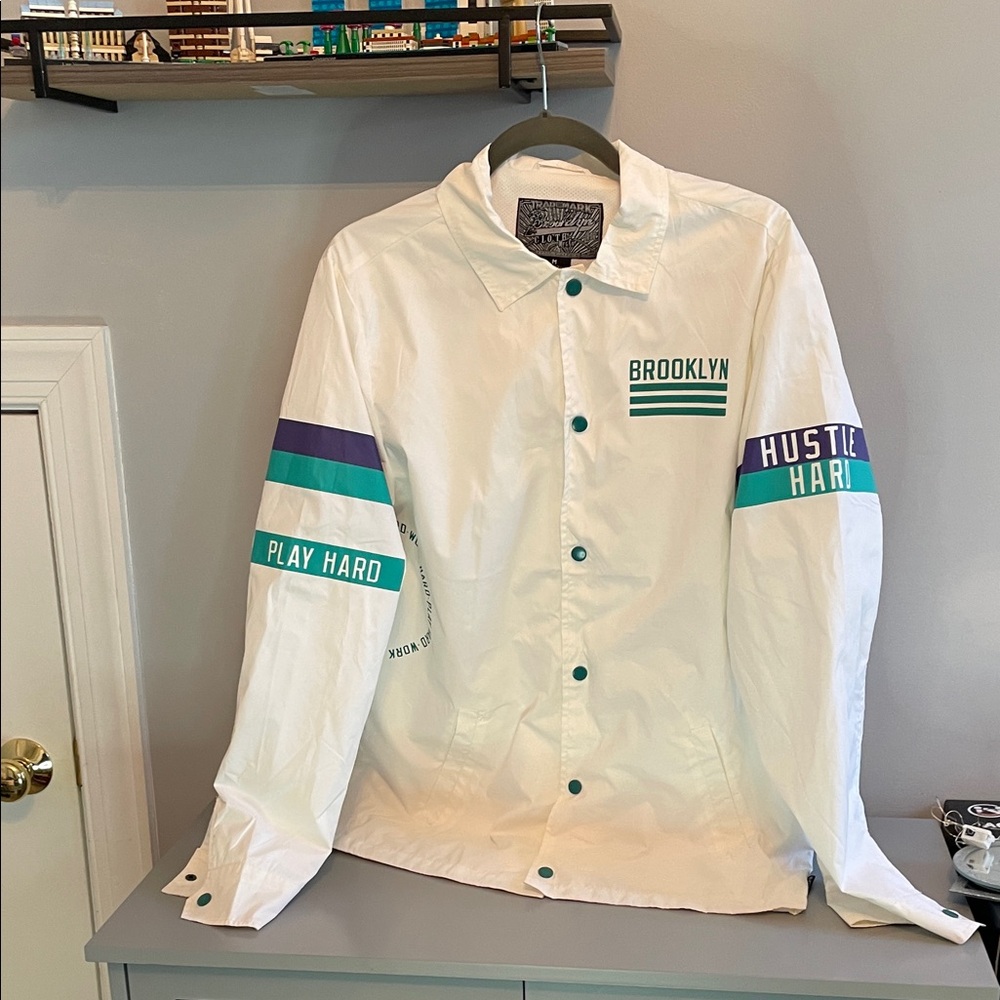 Men’s Brooklyn Cloth Mfg White Jacket with Teal and Purple Accents M